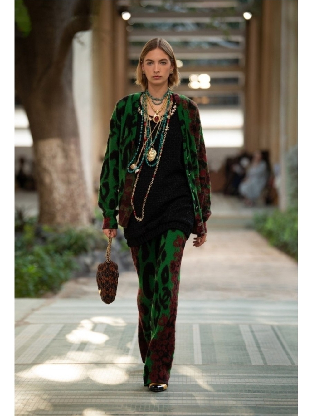 CHANEL Green and Burgundy Leopard-Print Wide-Leg Knit Pants
